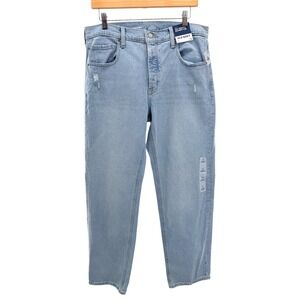 Old Navy Mid-Rise Slouchy Straight Leg Jeans Light Wash Blue Distressed 8 NWT